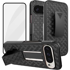Ailiber for Google Pixel 9 Pro Case with Belt Clip, Google 9 Pro Holster Case with Screen Protector, Swivel Kickstand Holder, Slim Shockproof Shell Full Body Pouch Phone Cover for Pixel 9 Pro-Black