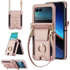 Phone Case for Motorola Razr 40 Ultra/Moto Razr Plus 2023 Wallet Cover with Ring Crossbody Wrist Strap Lanyard Credit Card Holder Slot Cell Leather Purse Razr+ 5G XT2321-3 Women Men Girls Brown