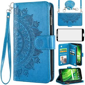 Asuwish Phone Case for Moto G6 Wallet Cell Cover with Screen Protector Lanyard Wrist Strap Mandala Flower Zipper Card Holder Motorola MotoG6 G 6th Gen 6 6G XT1925DL XT1925-6 Moto6 Women Girls Gray