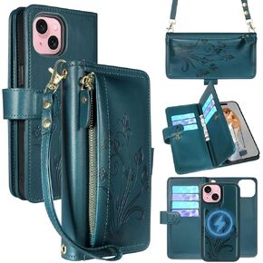 Lacass for iPhone 15 / iPhone 14 / iPhone 13 Detachable Crossbody Wallet Case, Compatible with MagSafe Wireless Charging, [Cards Theft Scan Protection], Magnetic Case PU Leather Zipper(Cyan Green)