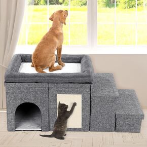 MABOZOO Dog Window Perch, 3 Tiers 18''H Bedside Dog Bed Dog Stairs with Level Platform and Storage, Foldable Pet Stairs for Bed and Couch, Dog Steps for Small, Medium, Large Dog, Cat or Pets