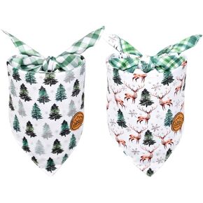 CROWNED BEAUTY Christmas Dog Bandanas Reversible Large 2 Pack, Winter Woods Set, Green Plaid Adjustable Triangle Holiday Scarves for Medium Large Extra Large Dogs Boy Girl Pets DB142-L