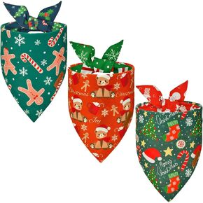 3 Pack Christmas Dog Bandanas Reversible Xmas Gift Box Christmas Tree Pattern Dog Scarf for Dog Festival Gingerbread Man Dog Bib Holiday Bandana for Medium & Large Dogs (L)