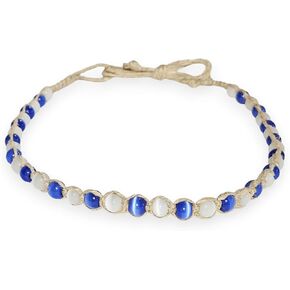 BlueRica Dark Blue & White Cat's Eye Beads on Hemp Choker Necklace