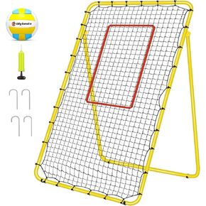 7x4 ft Adjustable Volleyball Rebounder Net with 5 Rebound Angle, Easy Set Up & Steady Volleyball Practice Net Multi Sports Equipment Training Bounce Back Net with PU Volleyball, Metal Stakes