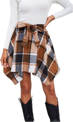 MakeMeChic Women's Plaid Elastic High Waisted Skirt Tie Front Asymmetrical Mini Skirts in Kuwait