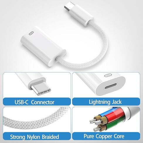محول مقبس صوت USB C إلى Lightning لهاتف iPhone 16 15، محول سماعات رأس من النوع C إلى Lightning من القماش المنسوج لهاتف iPhone 16/16 Plus/16 Pro/16 Pro Max/ 15/15 Pro/15 Pro Max يدعم الشحن in Kuwait