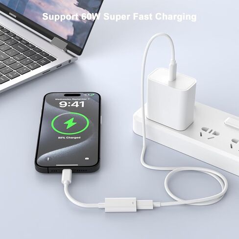 محول مقبس صوت USB C إلى Lightning لهاتف iPhone 16 15، محول سماعات رأس من النوع C إلى Lightning من القماش المنسوج لهاتف iPhone 16/16 Plus/16 Pro/16 Pro Max/ 15/15 Pro/15 Pro Max يدعم الشحن in Kuwait