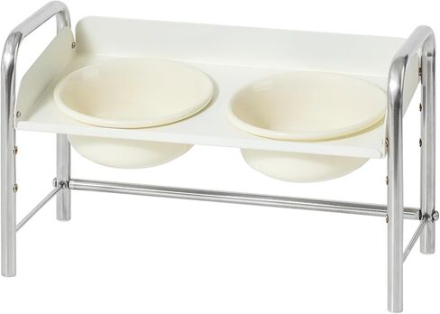 Ceramic Adjustable Raised Cat Bowls with Durable Stand Elevated Cat Dish for Small Cat, Food and Water Bowls Pet Feeding Bowl, Non-Slip Tilted No Spill (5" Double Bowls, Cream White) in Saudi Arabia