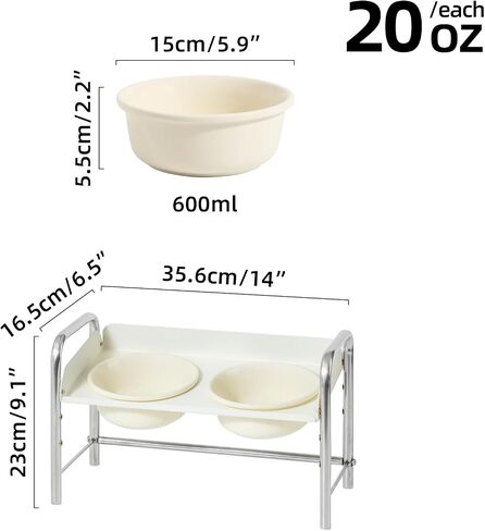 Ceramic Adjustable Raised Cat Bowls with Durable Stand Elevated Cat Dish for Small Cat, Food and Water Bowls Pet Feeding Bowl, Non-Slip Tilted No Spill (5" Double Bowls, Cream White) in Saudi Arabia