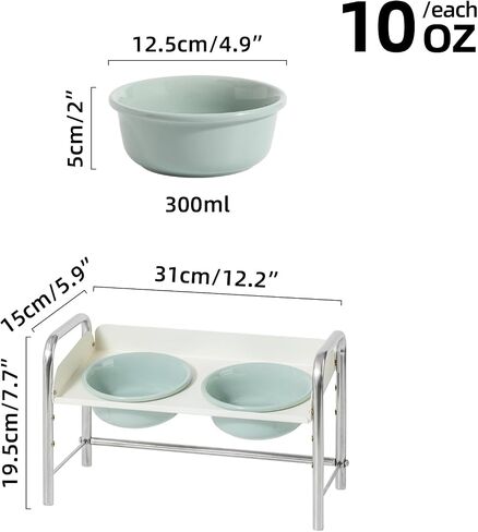Ceramic Adjustable Raised Cat Bowls with Durable Stand Elevated Cat Dish for Small Cat, Food and Water Bowls Pet Feeding Bowl, Non-Slip Tilted No Spill (5" Double Bowls, Cream White) in Saudi Arabia