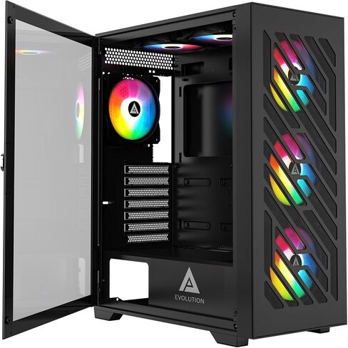 حافظة كمبيوتر ألعاب Apevia EVOLUTION-BK Evolution Mid Tower مع مراوح PWM ARGB مقاس 6 × 120 مم، و366 وضع إضاءة RGB، و1 × لوحة أمامية شبكية معدنية، و1 × لوحة جانبية زجاجية مغناطيسية على شكل باب دوار، 2 × USB3.0، أسود in Saudi Arabia
