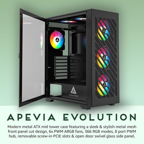 حافظة كمبيوتر ألعاب Apevia EVOLUTION-BK Evolution Mid Tower مع مراوح PWM ARGB مقاس 6 × 120 مم، و366 وضع إضاءة RGB، و1 × لوحة أمامية شبكية معدنية، و1 × لوحة جانبية زجاجية مغناطيسية على شكل باب دوار، 2 × USB3.0، أسود in Saudi Arabia