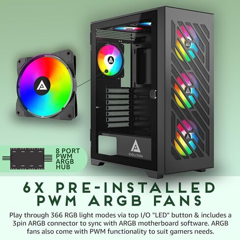 حافظة كمبيوتر ألعاب Apevia EVOLUTION-BK Evolution Mid Tower مع مراوح PWM ARGB مقاس 6 × 120 مم، و366 وضع إضاءة RGB، و1 × لوحة أمامية شبكية معدنية، و1 × لوحة جانبية زجاجية مغناطيسية على شكل باب دوار، 2 × USB3.0، أسود in Saudi Arabia