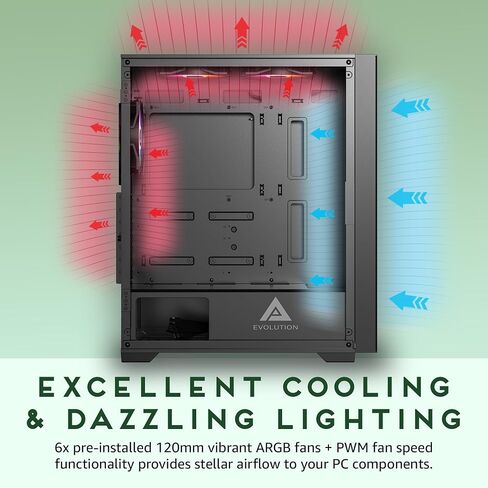 حافظة كمبيوتر ألعاب Apevia EVOLUTION-BK Evolution Mid Tower مع مراوح PWM ARGB مقاس 6 × 120 مم، و366 وضع إضاءة RGB، و1 × لوحة أمامية شبكية معدنية، و1 × لوحة جانبية زجاجية مغناطيسية على شكل باب دوار، 2 × USB3.0، أسود in Saudi Arabia
