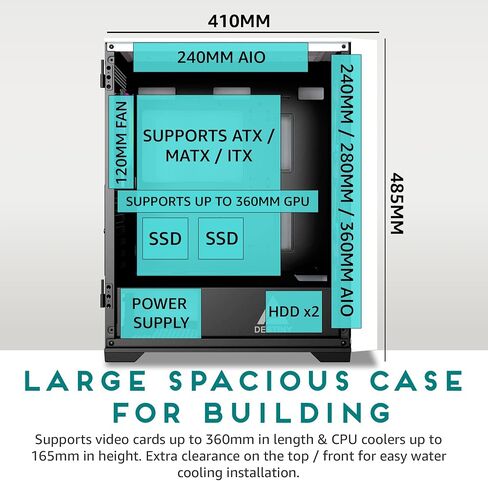 حافظة كمبيوتر ألعاب Apevia EVOLUTION-BK Evolution Mid Tower مع مراوح PWM ARGB مقاس 6 × 120 مم، و366 وضع إضاءة RGB، و1 × لوحة أمامية شبكية معدنية، و1 × لوحة جانبية زجاجية مغناطيسية على شكل باب دوار، 2 × USB3.0، أسود in Saudi Arabia