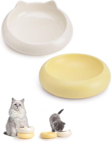 Ceramic Cat Bowls, 15°Tilted Wide Cat Food Dish and Water Bowl, Whisker Friendly 2 in 1 Ceramic Raised Cat Dishes for Indoor Cats Kitten, 2 Pack (White+Yellow) in Saudi Arabia