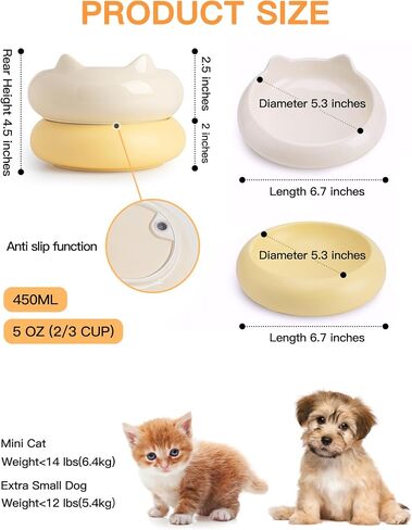 Ceramic Cat Bowls, 15°Tilted Wide Cat Food Dish and Water Bowl, Whisker Friendly 2 in 1 Ceramic Raised Cat Dishes for Indoor Cats Kitten, 2 Pack (White+Yellow) in Saudi Arabia