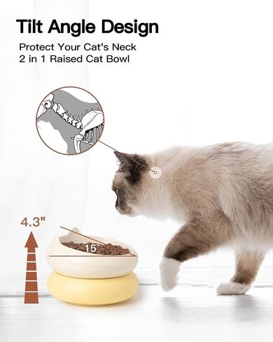 Ceramic Cat Bowls, 15°Tilted Wide Cat Food Dish and Water Bowl, Whisker Friendly 2 in 1 Ceramic Raised Cat Dishes for Indoor Cats Kitten, 2 Pack (White+Yellow) in Saudi Arabia