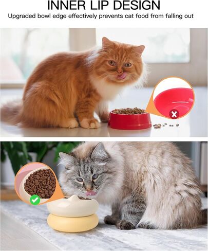 Ceramic Cat Bowls, 15°Tilted Wide Cat Food Dish and Water Bowl, Whisker Friendly 2 in 1 Ceramic Raised Cat Dishes for Indoor Cats Kitten, 2 Pack (White+Yellow) in Saudi Arabia