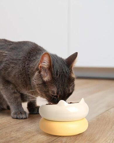 Ceramic Cat Bowls, 15°Tilted Wide Cat Food Dish and Water Bowl, Whisker Friendly 2 in 1 Ceramic Raised Cat Dishes for Indoor Cats Kitten, 2 Pack (White+Yellow) in Saudi Arabia