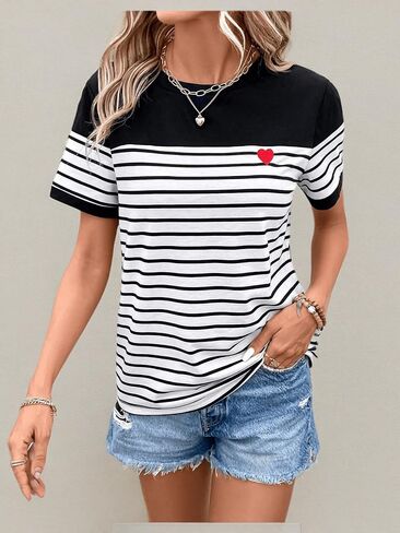 COZYEASE Women's Striped Print Crewneck Short Sleeve Tee Tops Casual Embroidery Solid Summer Tee Shirts in Saudi Arabia