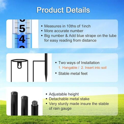 مقياس المطر في الهواء الطلق مطور، دقيق مقاوم للتجمد، مقاييس المطر السميكة في الهواء الطلق أفضل تصنيف، أرقام واضحة كبيرة وأداة قياس المطر ارتفاع قابل للتعديل للحديقة، الفناء، العشب، الفناء، واستخدام المزرعة in Kuwait