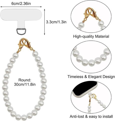 Pearl Beaded Phone Wrist Strap, Universal Cell Phone Lanyard, Anti Lost Phone Lanyard with 2 Pcs Phone Patches, Compatible with Most Cell Phones and Phone Case, White in Kuwait
