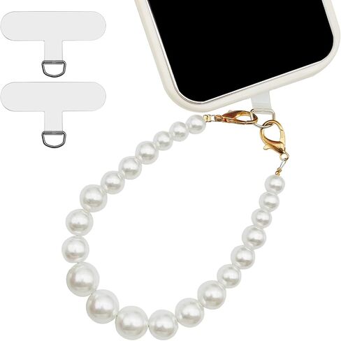 Pearl Beaded Phone Wrist Strap, Universal Cell Phone Lanyard, Anti Lost Phone Lanyard with 2 Pcs Phone Patches, Compatible with Most Cell Phones and Phone Case, White in Kuwait