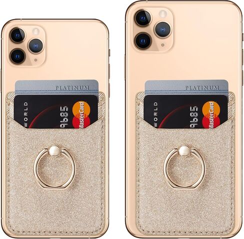 LUVI Phone Card Holder Wallet with Ring Stand Kickstand Pocket RFID Blocking Credit Card Bling Glitter PU Leather Sticky Wallet Back of Phone for Women Men in Kuwait