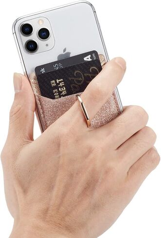 LUVI Phone Card Holder Wallet with Ring Stand Kickstand Pocket RFID Blocking Credit Card Bling Glitter PU Leather Sticky Wallet Back of Phone for Women Men in Kuwait