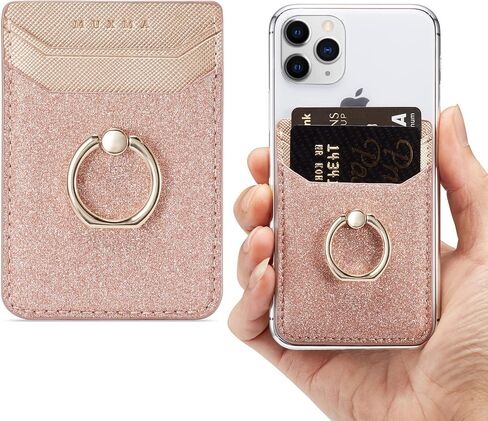 LUVI Phone Card Holder Wallet with Ring Stand Kickstand Pocket RFID Blocking Credit Card Bling Glitter PU Leather Sticky Wallet Back of Phone for Women Men in Kuwait