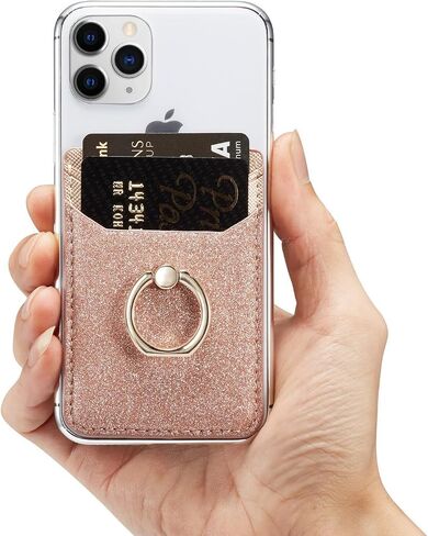 LUVI Phone Card Holder Wallet with Ring Stand Kickstand Pocket RFID Blocking Credit Card Bling Glitter PU Leather Sticky Wallet Back of Phone for Women Men in Kuwait