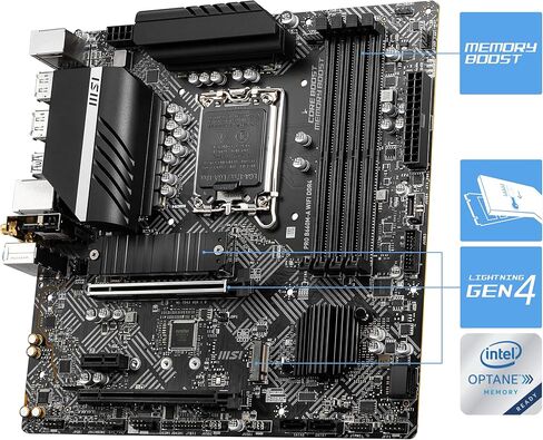 اللوحة الأم MSI PRO B660M-A WiFi DDR4، Micro-ATX - تدعم معالجات Intel Core من الجيل الثاني عشر، LGA 1700 - DDR4 Memory Boost 4800+MHz/OC، فتحة PCIe 4.0 x16، 2 x M.2 Gen4 فتحات، 2.5G LAN، Wi -فاي 6 in Saudi Arabia