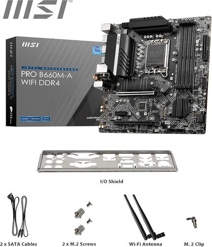 اللوحة الأم MSI PRO B660M-A WiFi DDR4، Micro-ATX - تدعم معالجات Intel Core من الجيل الثاني عشر، LGA 1700 - DDR4 Memory Boost 4800+MHz/OC، فتحة PCIe 4.0 x16، 2 x M.2 Gen4 فتحات، 2.5G LAN، Wi -فاي 6 in Saudi Arabia