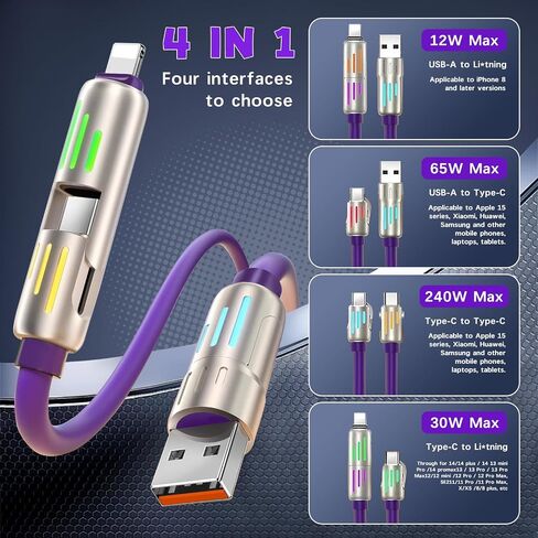 4 in 1 Fast Charging USB C Cable 65W Cable 6mm Silicon USB C to USB C Charger Cord, Multi Charging Cable Combo Type C/USB A/L Port for iPhone/iPad/Samsung/MacBook 5' (Purple) in Saudi Arabia