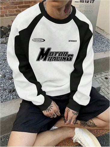 GORGLITTER Men's Letter Graphic Top Stitching Sweatshirt Long Sleeve Crewneck Pullover Top in Saudi Arabia