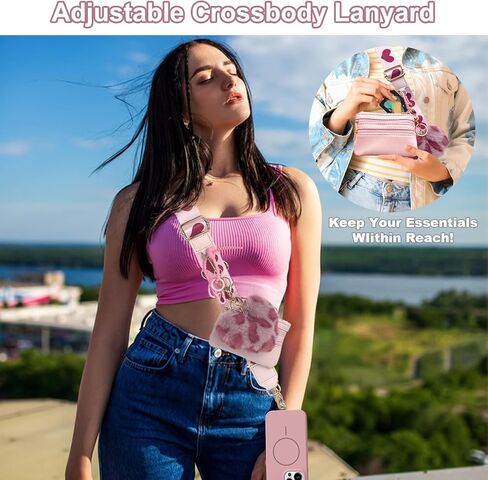 حزام هاتف Clip and Go مع حقيبة كروس بسحاب، محفظة جلدية بحبل سلسلة قابلة للتعديل مع سحر فروي لطيف وحامل سلسلة مفاتيح جميل لجميع الهواتف، وردي in Saudi Arabia