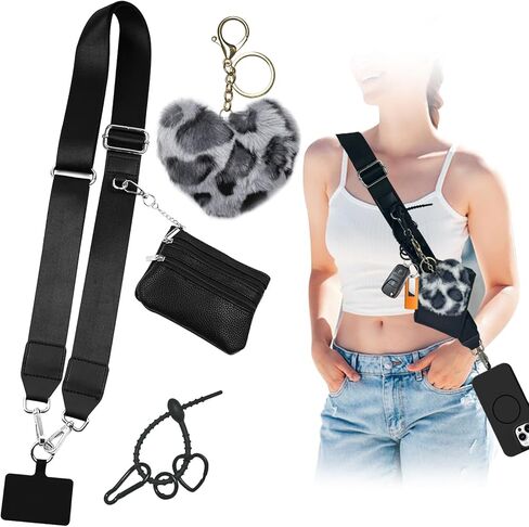 Clip and Go Phone Strap with Zipper Pouch Crossbody, Adjustable Chain Lanyard Leather Wallet with Cute Furry Charms and Lovely Key Chain Holder for All Phones, Pink in Kuwait