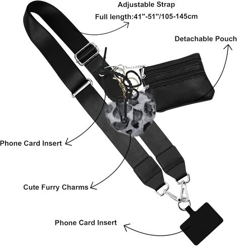 Clip and Go Phone Strap with Zipper Pouch Crossbody, Adjustable Chain Lanyard Leather Wallet with Cute Furry Charms and Lovely Key Chain Holder for All Phones, Pink in Kuwait