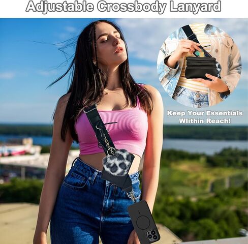 Clip and Go Phone Strap with Zipper Pouch Crossbody, Adjustable Chain Lanyard Leather Wallet with Cute Furry Charms and Lovely Key Chain Holder for All Phones, Pink in Kuwait