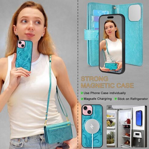 حافظة Lacass لهاتف iPhone 15 / iPhone 14 / iPhone 13 قابلة للفصل، متوافقة مع الشحن اللاسلكي MagSafe، [حماية من سرقة البطاقات]، حافظة مغناطيسية من جلد البولي يوريثان (أخضر سماوي) in Saudi Arabia