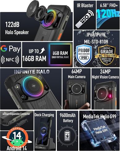 Ulefone Armor 21 Phone Android 14 Rugged Phone Unlocked 16G+256GB Rugged Smartphone 9600mAh 6.58" FHD+ 120Hz 64MP+24MP Night Vision Camera Dual SIM IP68 Smartphone NFC 122dB loudest Speaker IR Blaster in Kuwait