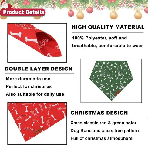 ADOGGYGO Christmas Dog Bandana, Red Green Merry Christmas Dog Scarf, Premium Durable Fabric, Adjustable Fit Dog Christmas Bandanas for Medium Large Dogs Pets (Large, Christmas) in Kuwait