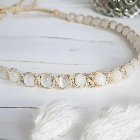 BlueRica Dark Blue & White Cat's Eye Beads on Hemp Choker Necklace in Saudi Arabia