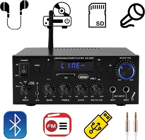 مضخم صوت 800 وات، مضخم صوت ستيريو منزلي بقناتين، RMS 60Wx2، بلوتوث 5.0، HiFi Mini Amp مع Echo، MIC، USB، SD، AUX، FM، للمنزل، السيارة، كاريوكي KS-33BT in Saudi Arabia