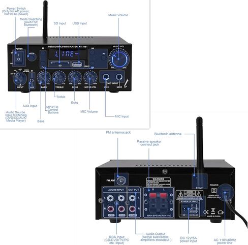 مضخم صوت 800 وات، مضخم صوت ستيريو منزلي بقناتين، RMS 60Wx2، بلوتوث 5.0، HiFi Mini Amp مع Echo، MIC، USB، SD، AUX، FM، للمنزل، السيارة، كاريوكي KS-33BT in Saudi Arabia
