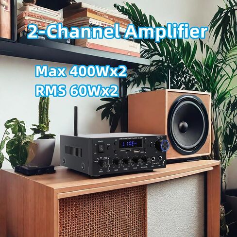 مضخم صوت 800 وات، مضخم صوت ستيريو منزلي بقناتين، RMS 60Wx2، بلوتوث 5.0، HiFi Mini Amp مع Echo، MIC، USB، SD، AUX، FM، للمنزل، السيارة، كاريوكي KS-33BT in Saudi Arabia