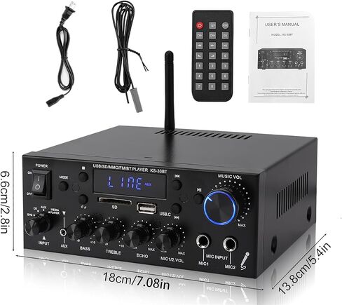 مضخم صوت 800 وات، مضخم صوت ستيريو منزلي بقناتين، RMS 60Wx2، بلوتوث 5.0، HiFi Mini Amp مع Echo، MIC، USB، SD، AUX، FM، للمنزل، السيارة، كاريوكي KS-33BT in Saudi Arabia