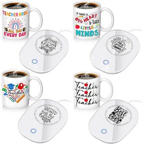 Honeydak 4 Sets Teacher Gifts for Women Coffee Warmer with Mug Set Teacher Mug Warmer with Cup Best Teacher Ever Ceramic Cups with Auto Off Thermostatic Pads for Teacher Appreciation Week Birthday